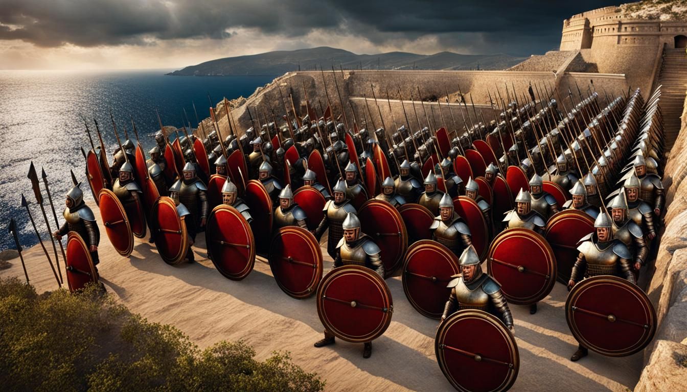 Hoplite Phalanx on Cliffside in Hyperrealistic Style