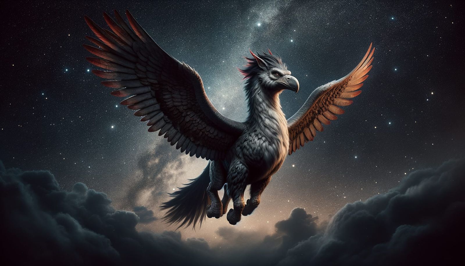 Majestic Hippogriff Soaring in a Dark Night Sky