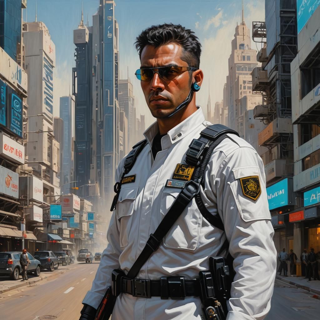 Cyberpunk Policeman Portrait in Futuristic Arab City