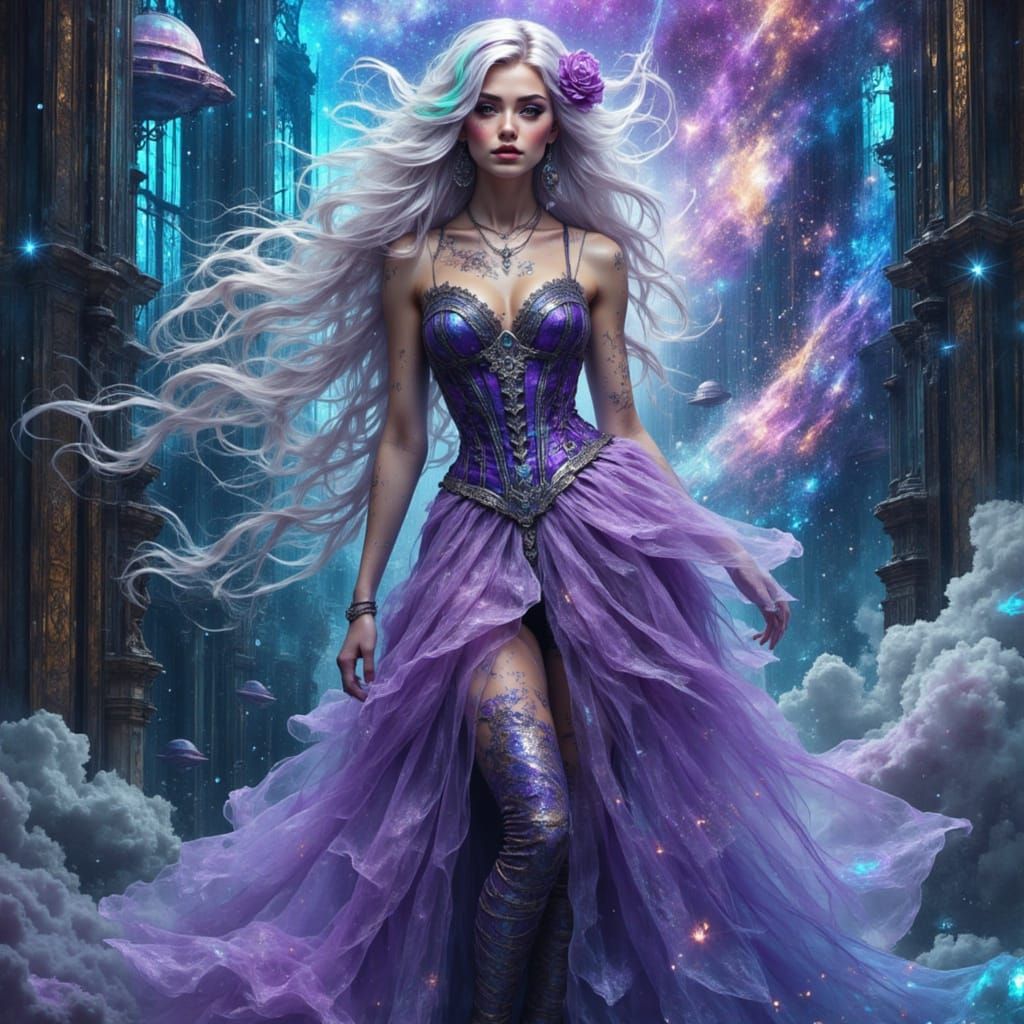 Woman With Lavender-Silver Hair and Starlight Highlights