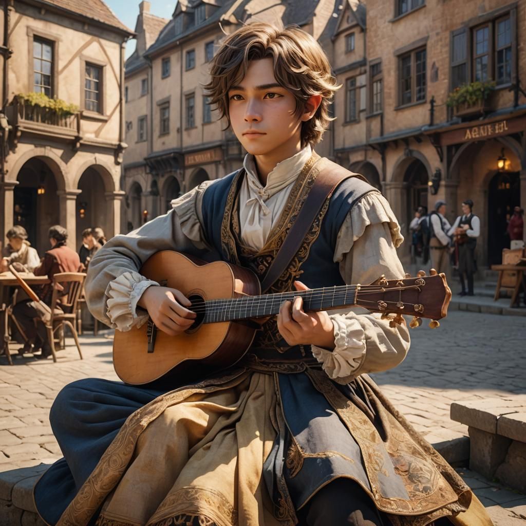 Young Minstrel in Victorian Square, 3D Anime Art