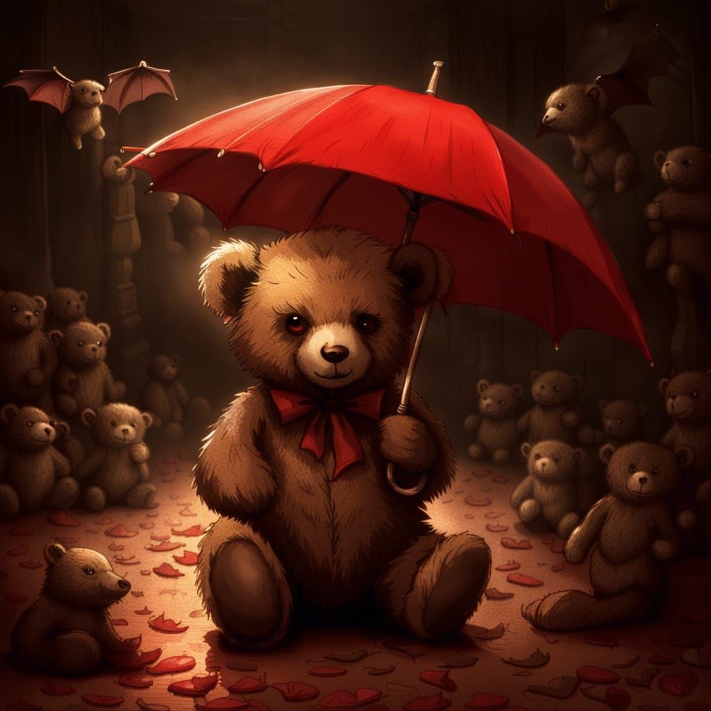 Sinister Sepia Teddy Bear with Red Umbrella