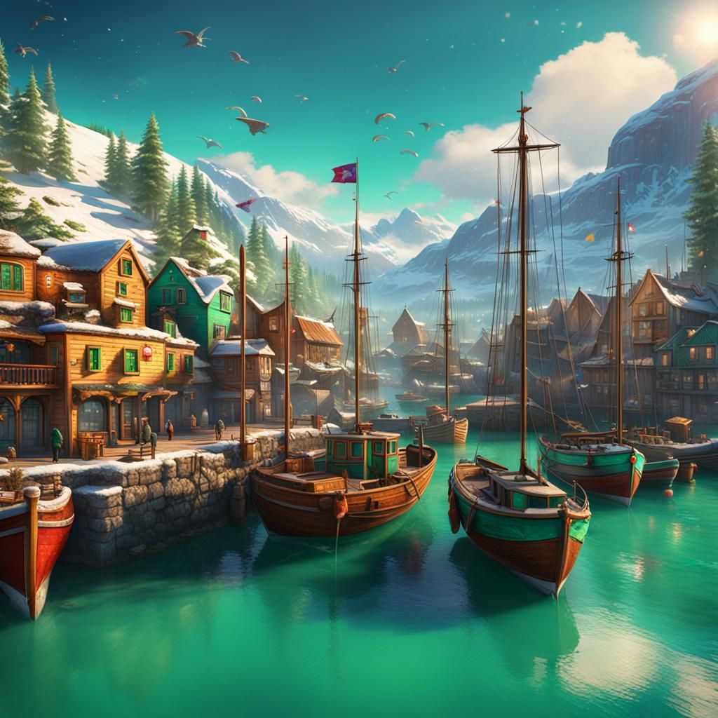 Winter Harbor with Colorful Yachts in Emerald Sky