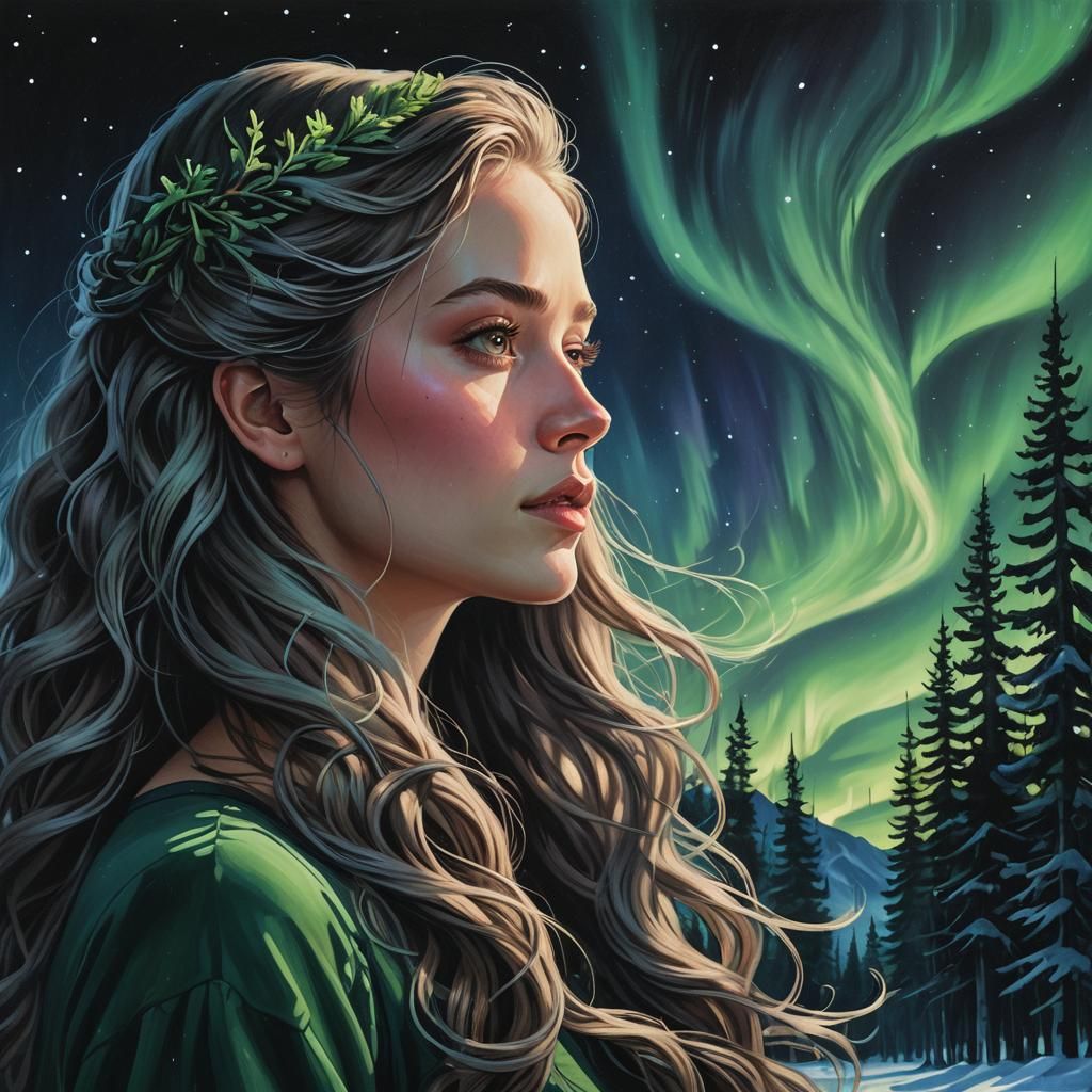 Translucent Girl in Forest Under Aurora Borealis