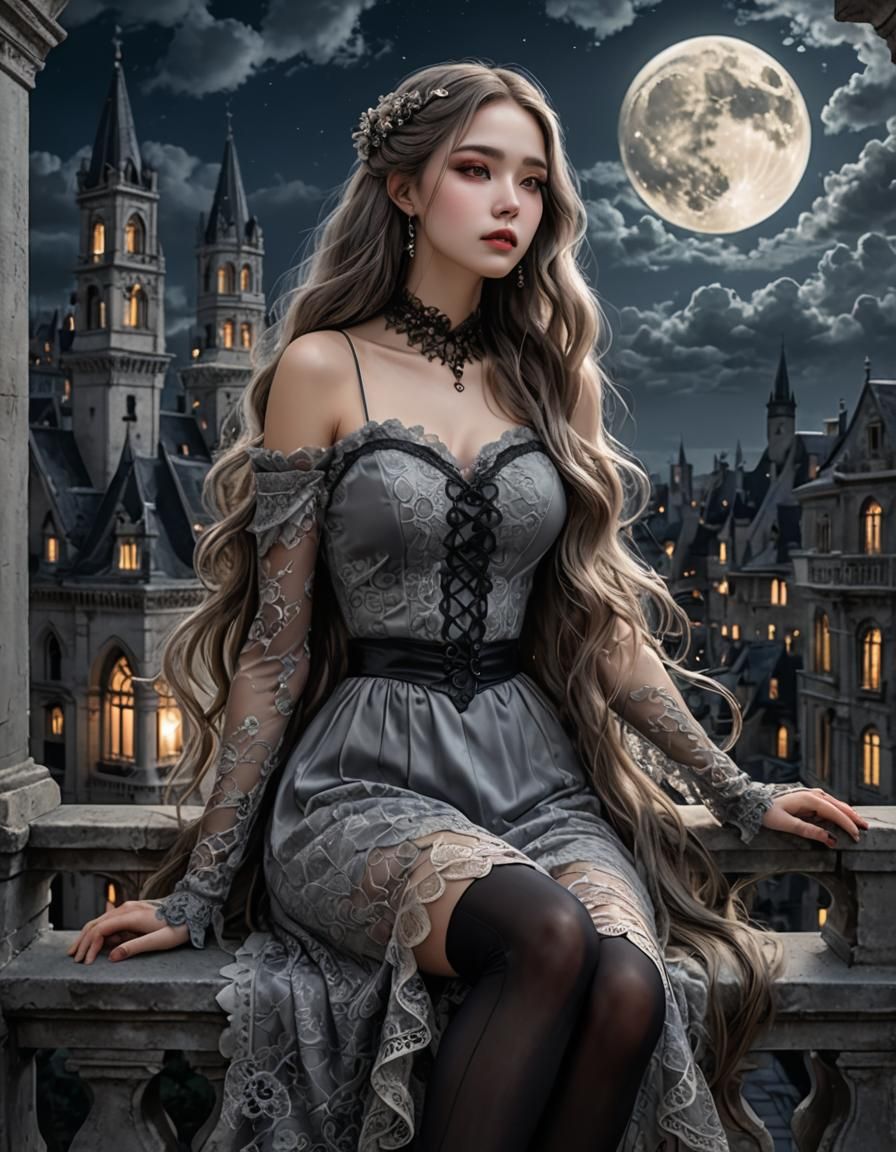 Anime Girl on Balcony with Gothic Architecture