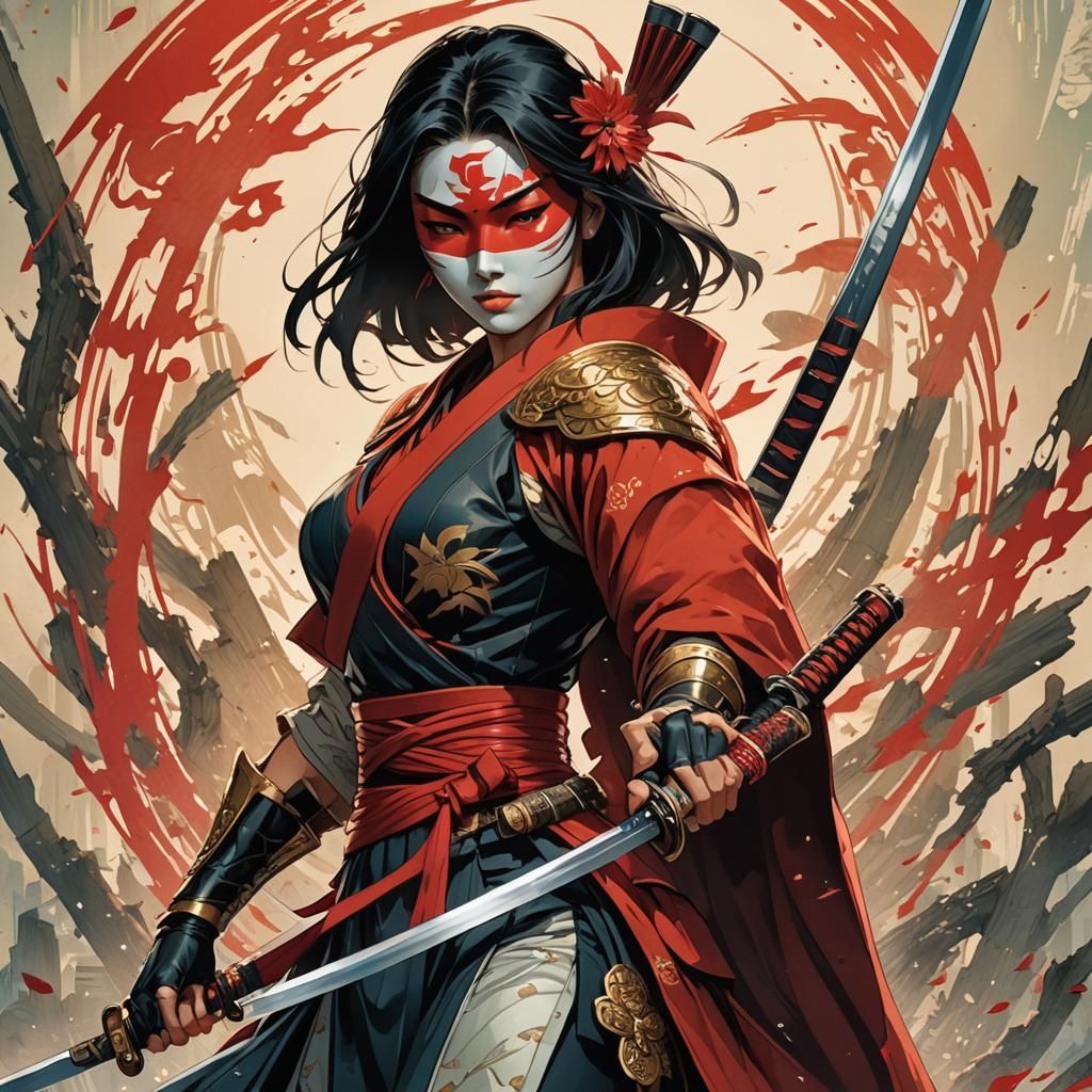 Red Masked Samurai with Katana Sword