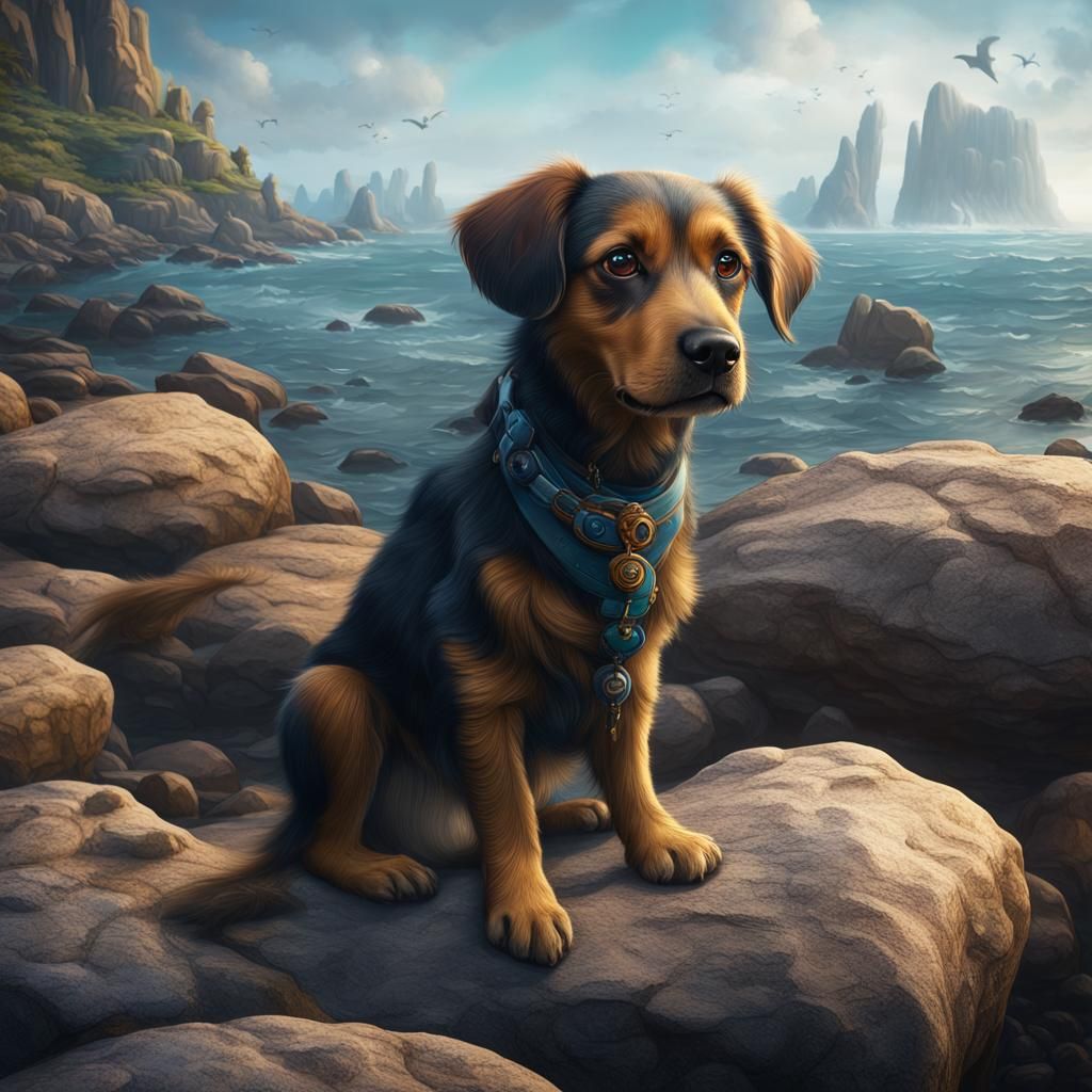 Dog with Big Eyes on Rocky Shore, Detailed Matte Painting