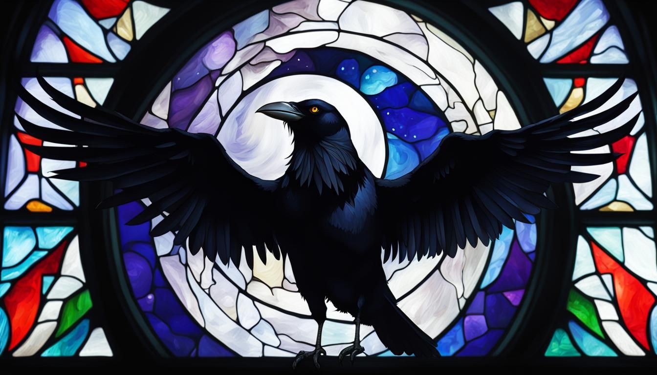 Stained Glass Evil Crow and Full Moon
