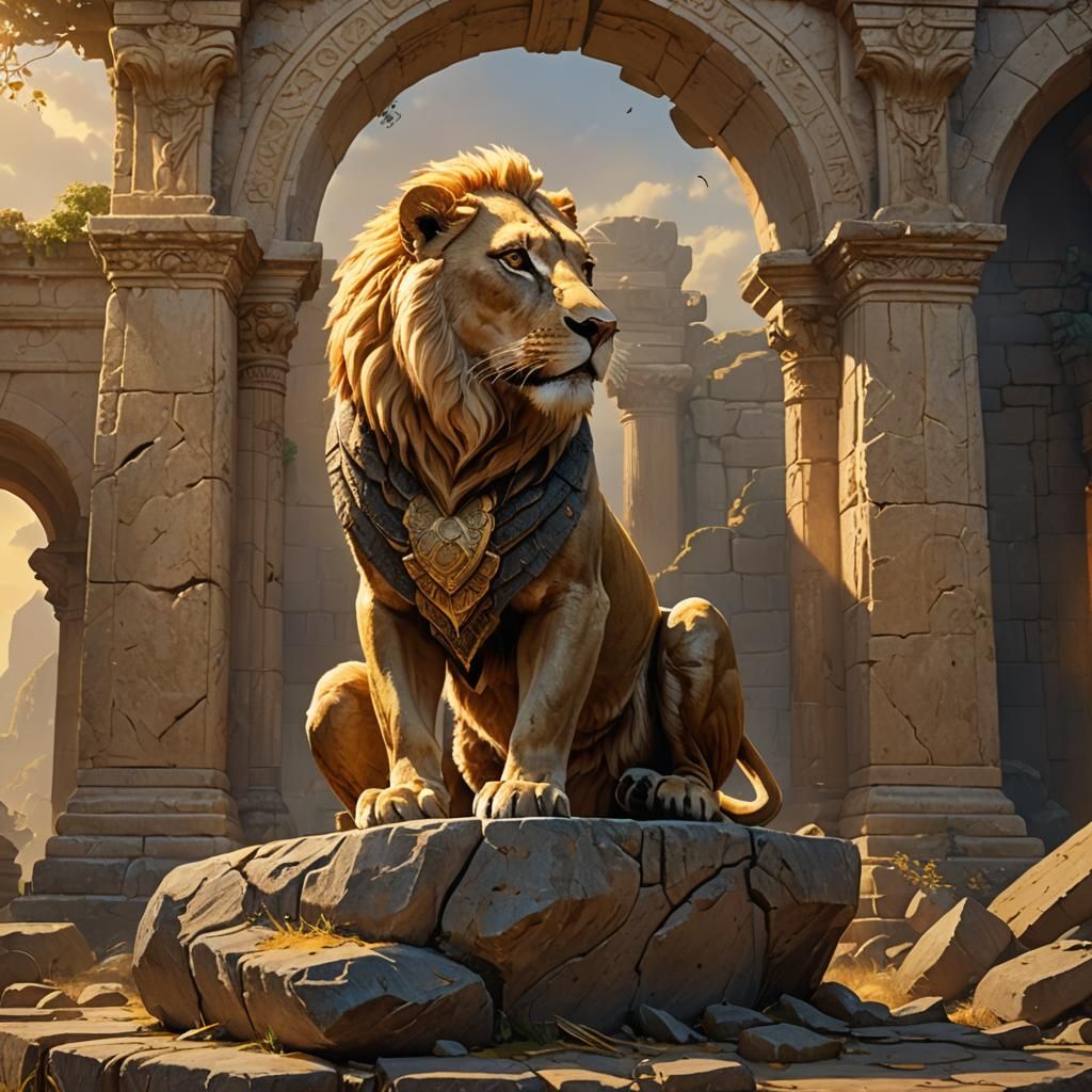 Regal Lioness on Pedestal in Epic Fantasy Art