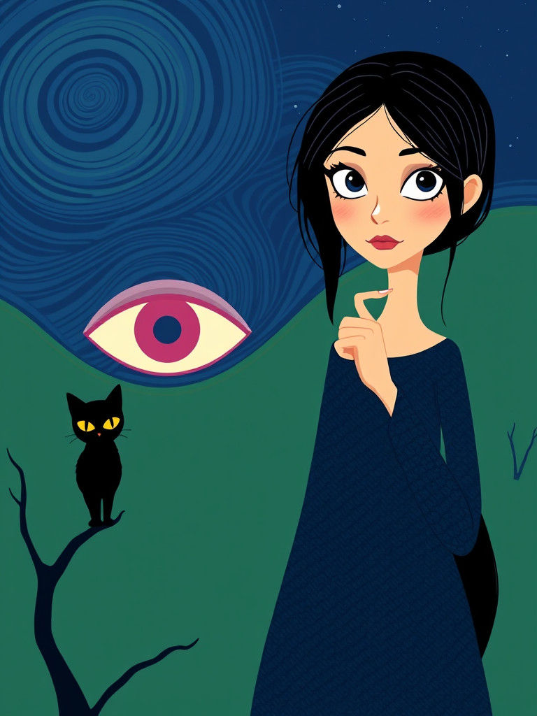 Surreal Night: Woman and Cat in Burton-Meets-Van Gogh Style