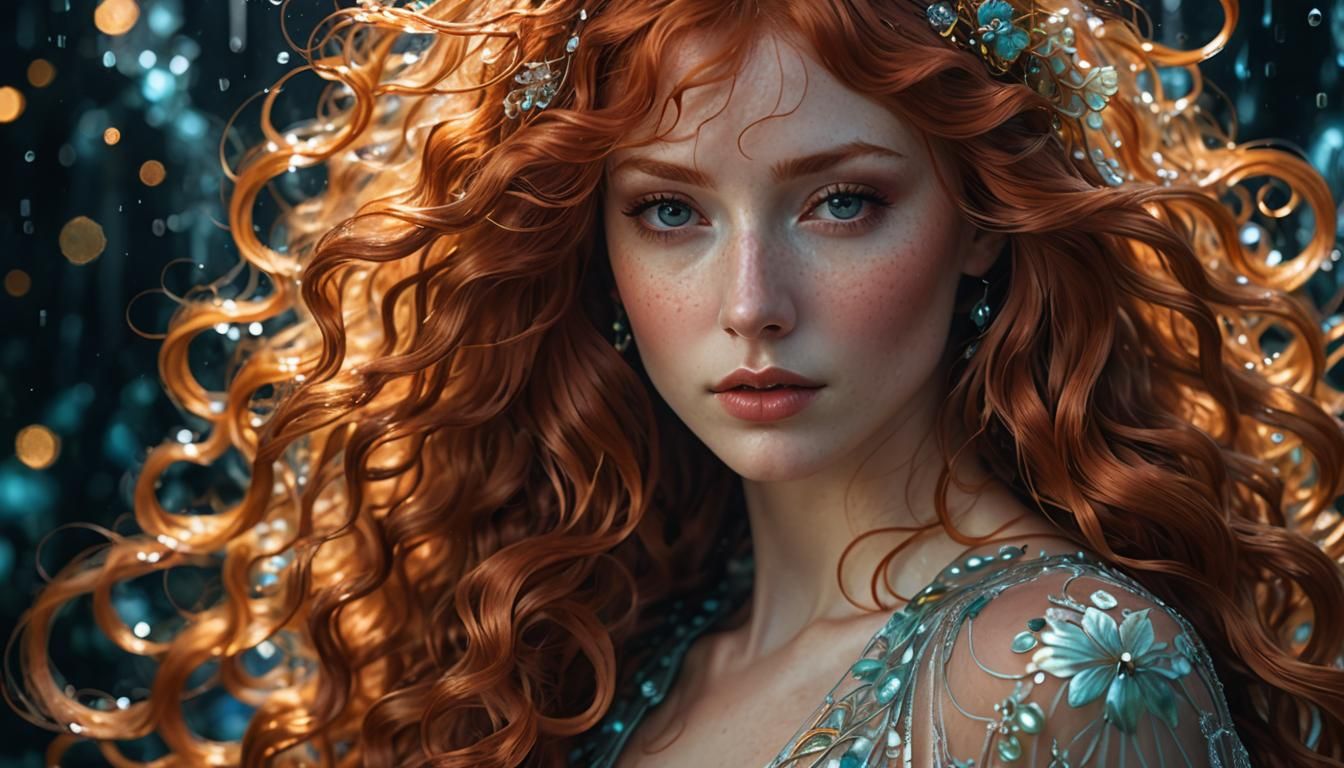 Redhead in Bioluminescent Dress, Art Nouveau Portrait
