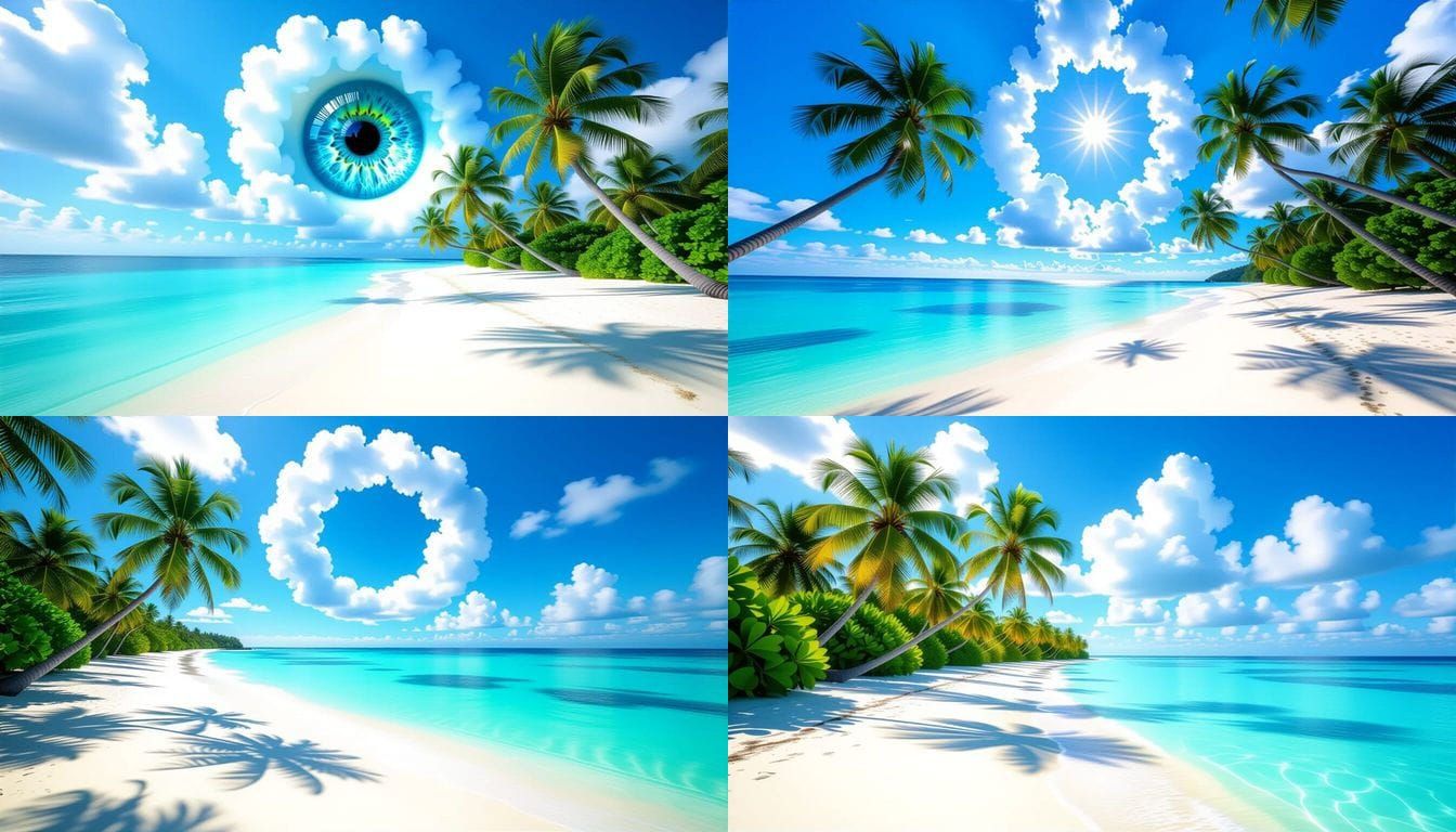 Tropical Island Beach with Camera Lens Clouds