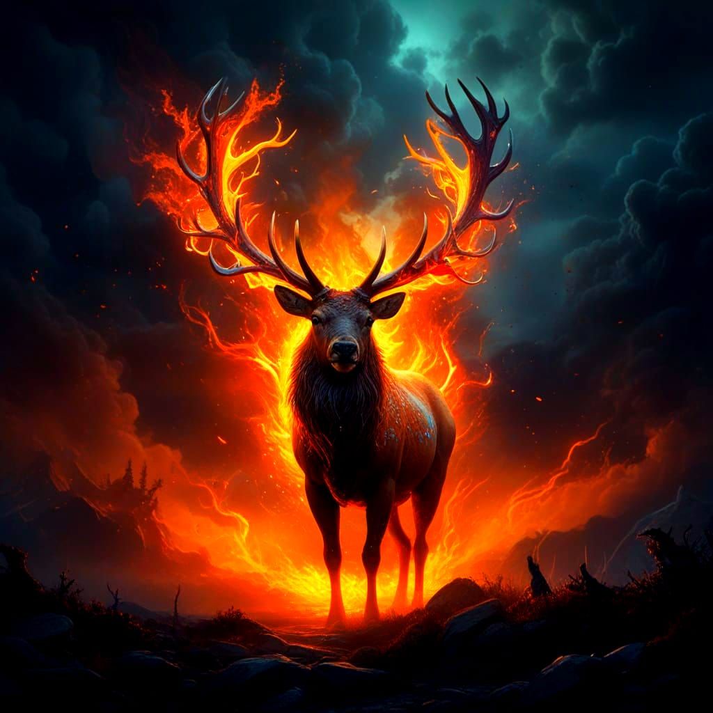 Ethereal Elk Spirit Amidst Fiery Storm