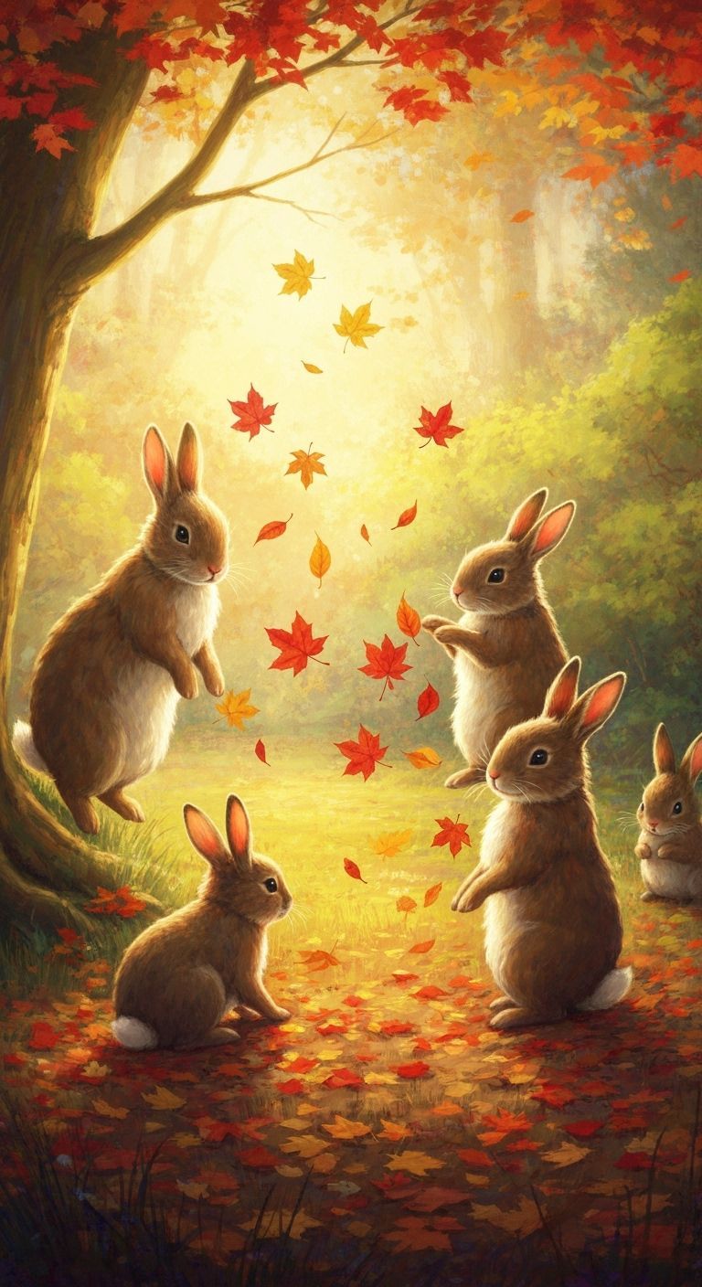 Fluffy Rabbits Scattering Autumn Leaves in Sunlit Forest
