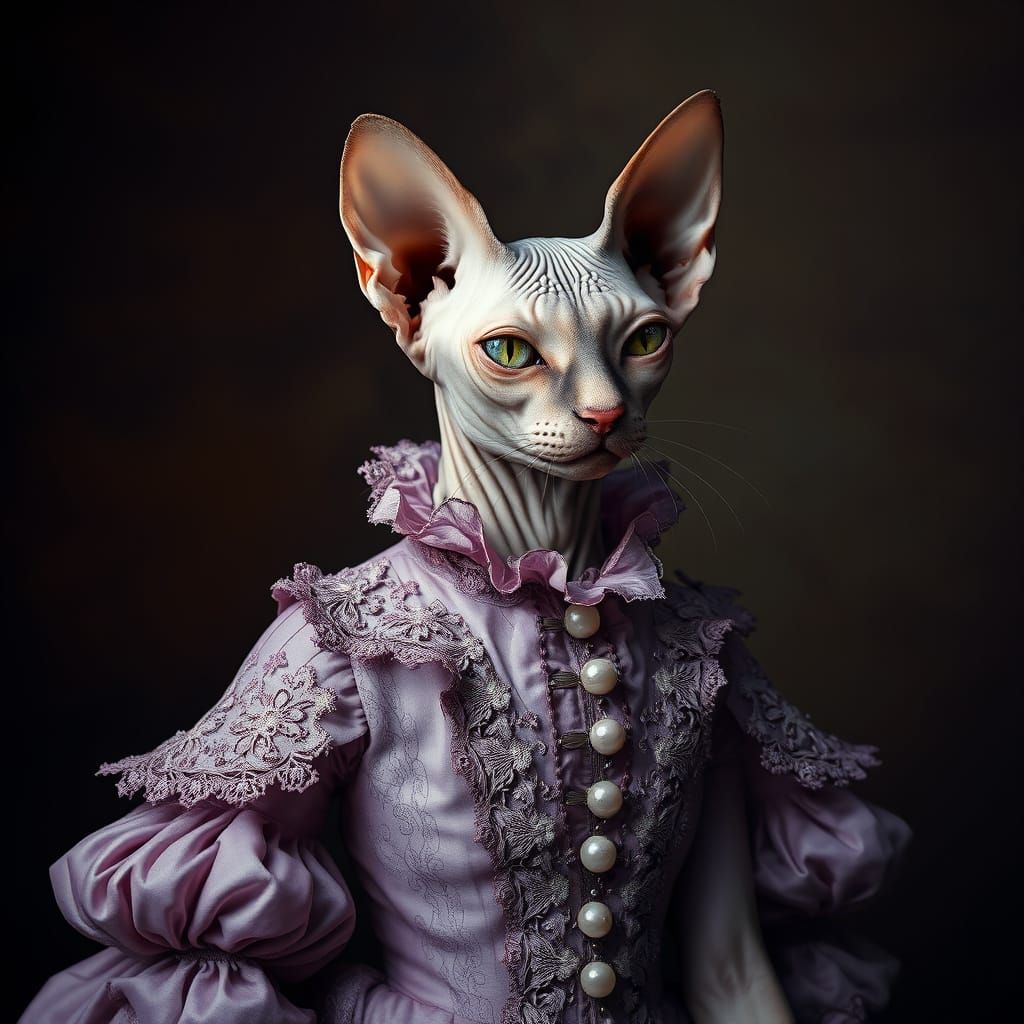 Majestic Mink-Colored Sphynx in Opulent Victorian Dress