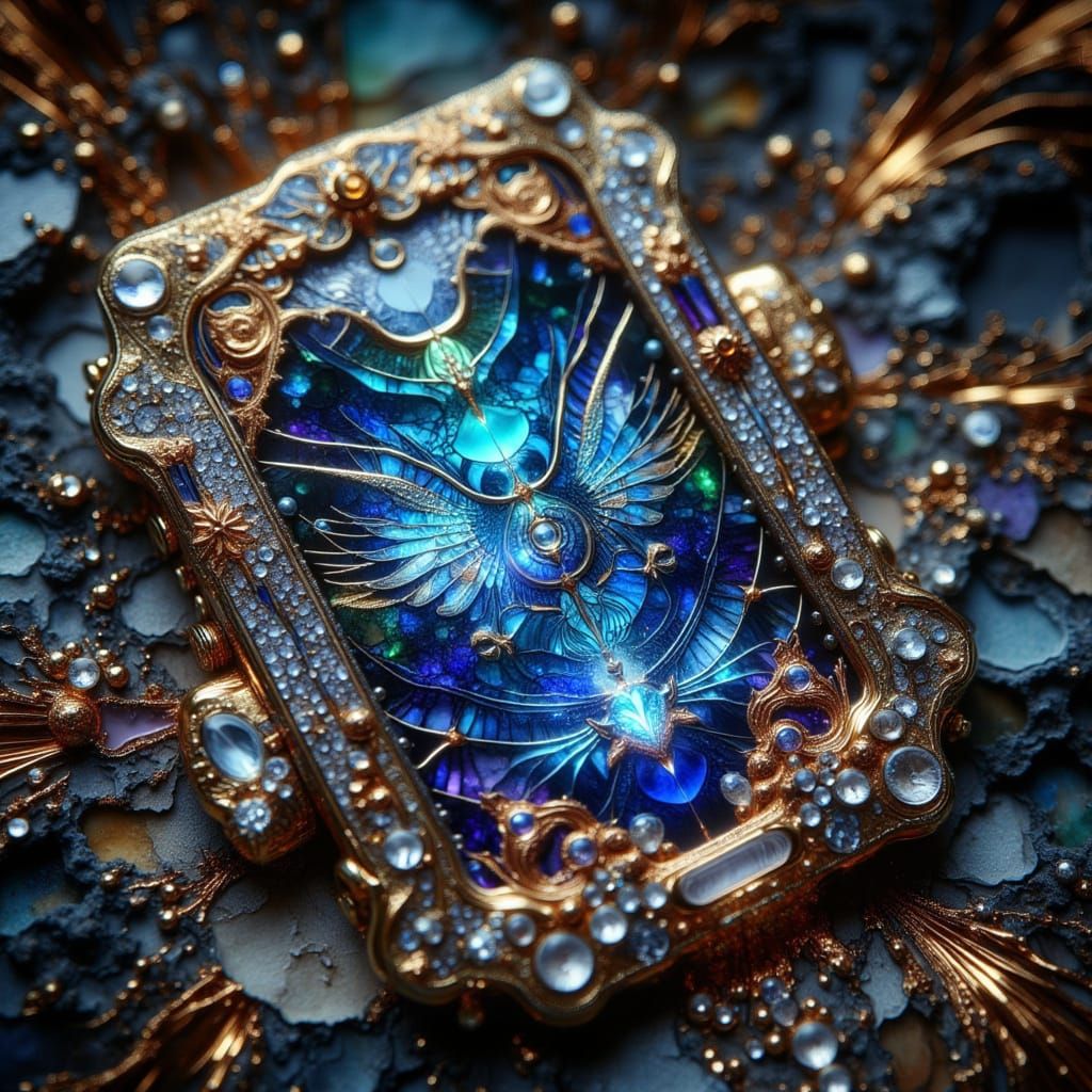 Jeweled Phone Case with Holographic Glyphs in Glitchcore Sty...