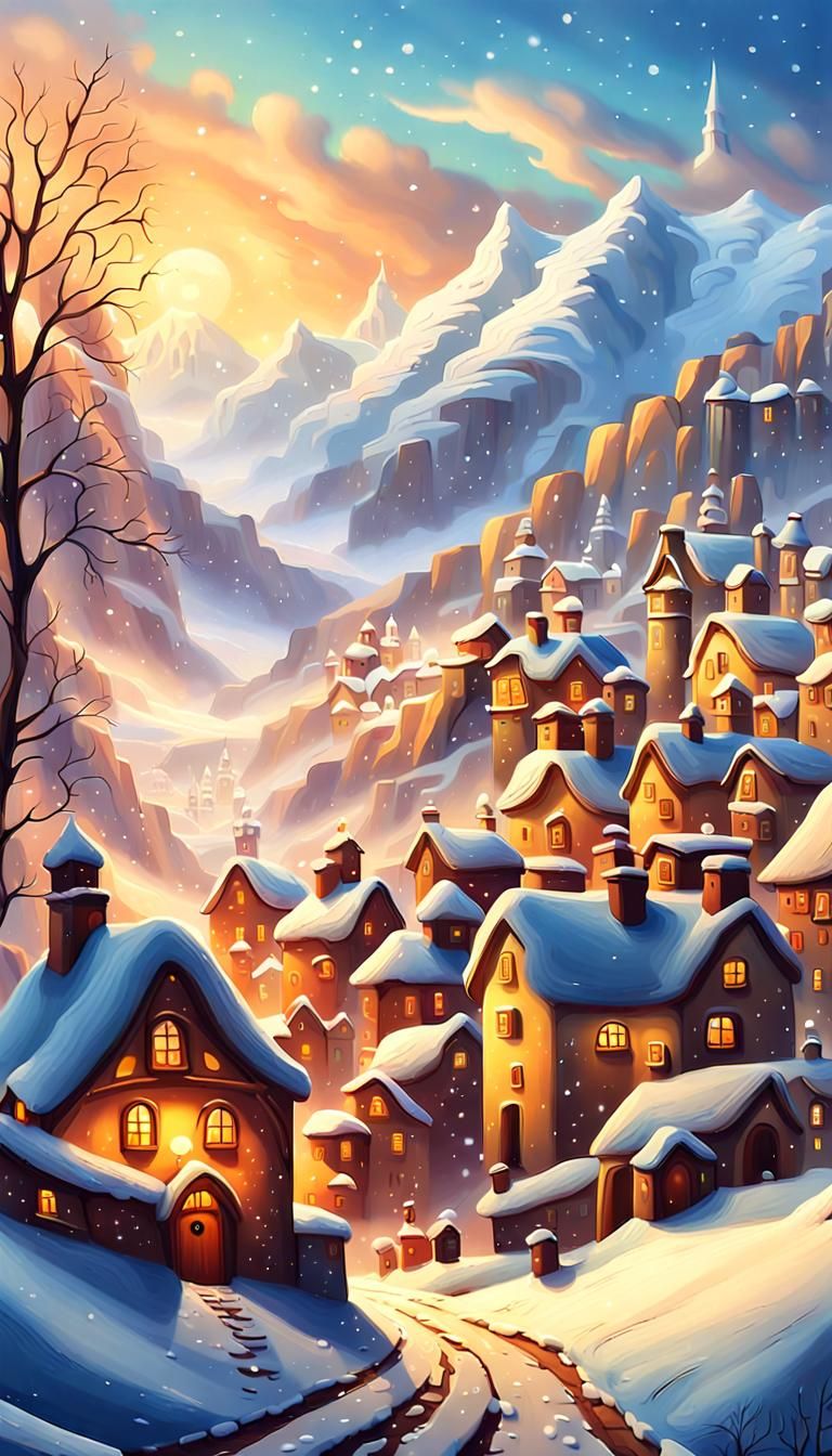 Fantasy Village Under Golden Snow