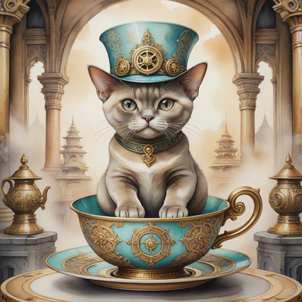 Steampunk Burmese Cat in Teacup Watercolor