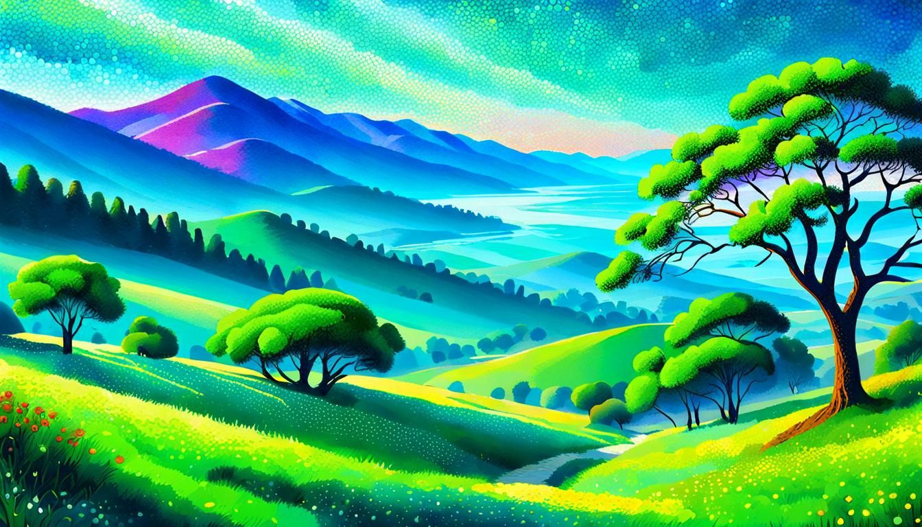 Expansive Serene Landscape in Pointillism Style