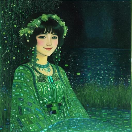 Bioluminescent Fish in River, Klimt-Inspired Art