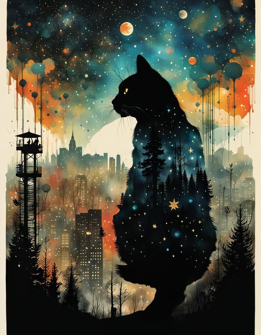Galactic Cat Silhouette in Mixed-Media Style
