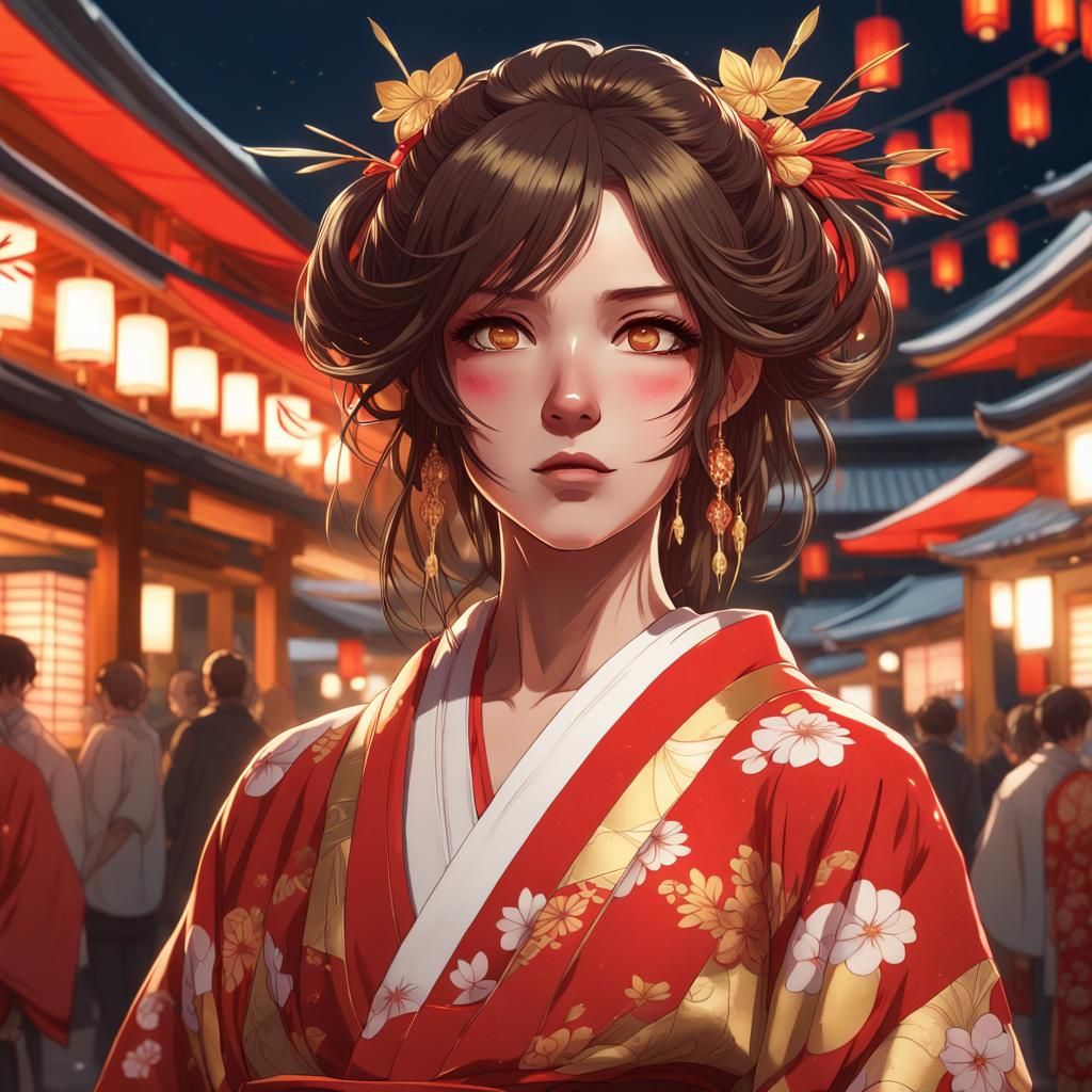 Anime Girl at Festival in Traditional Kimono