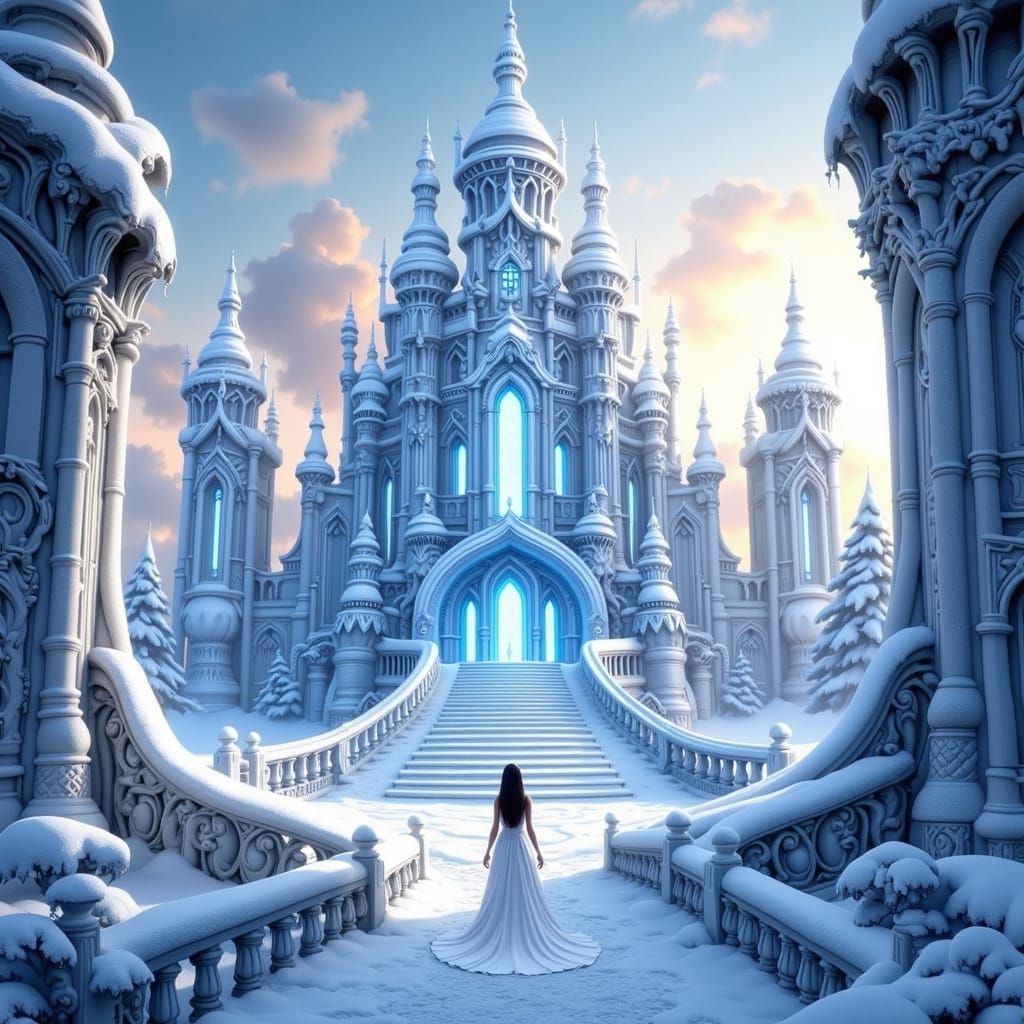 Ethereal Princess Amidst Majestic Ice Castle in Winter Wonde...
