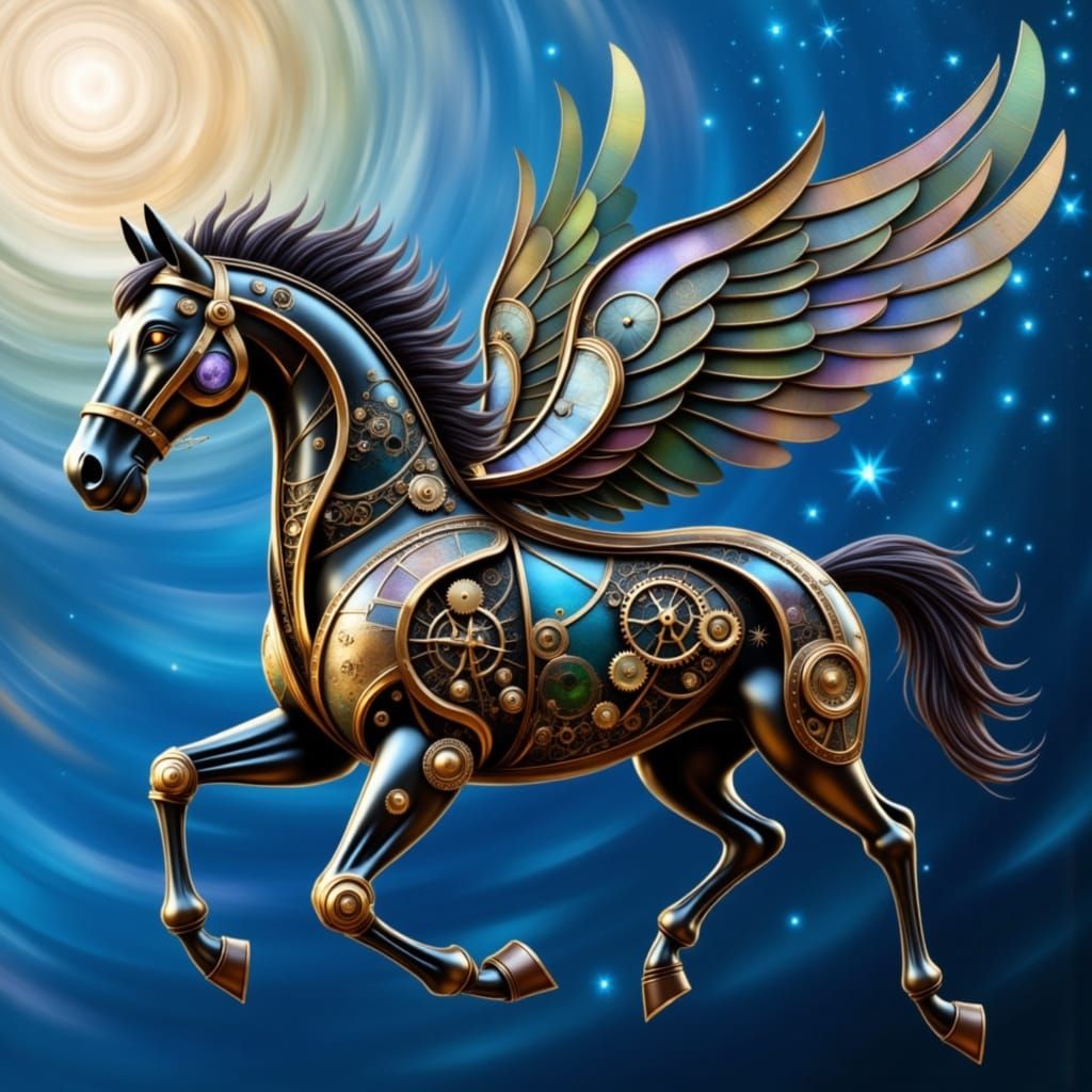 Clockwork Horse with Green Glass Wings Gallops Through Dream...