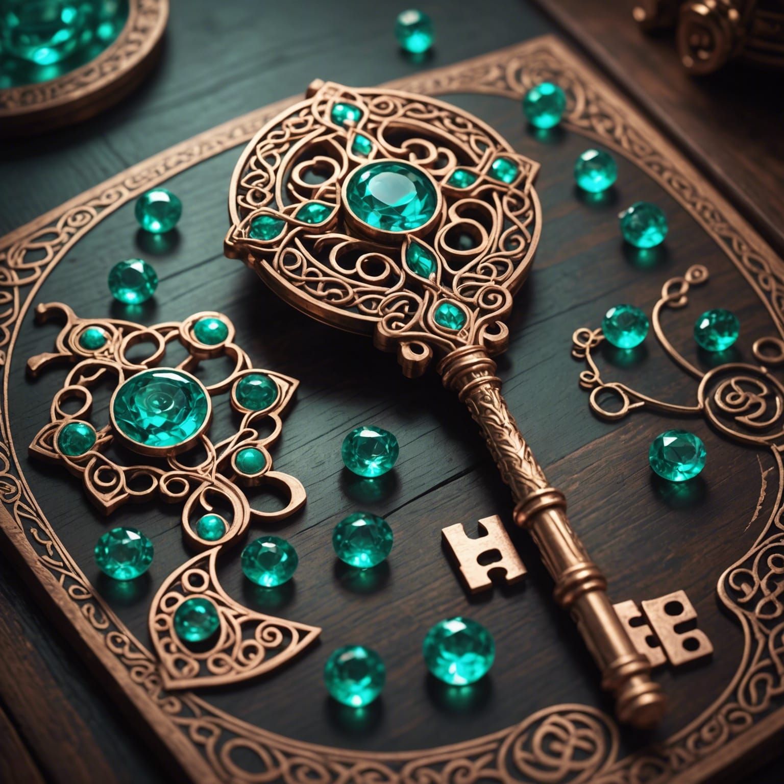 Glowing Celtic Key with Emeralds in Magical Realism