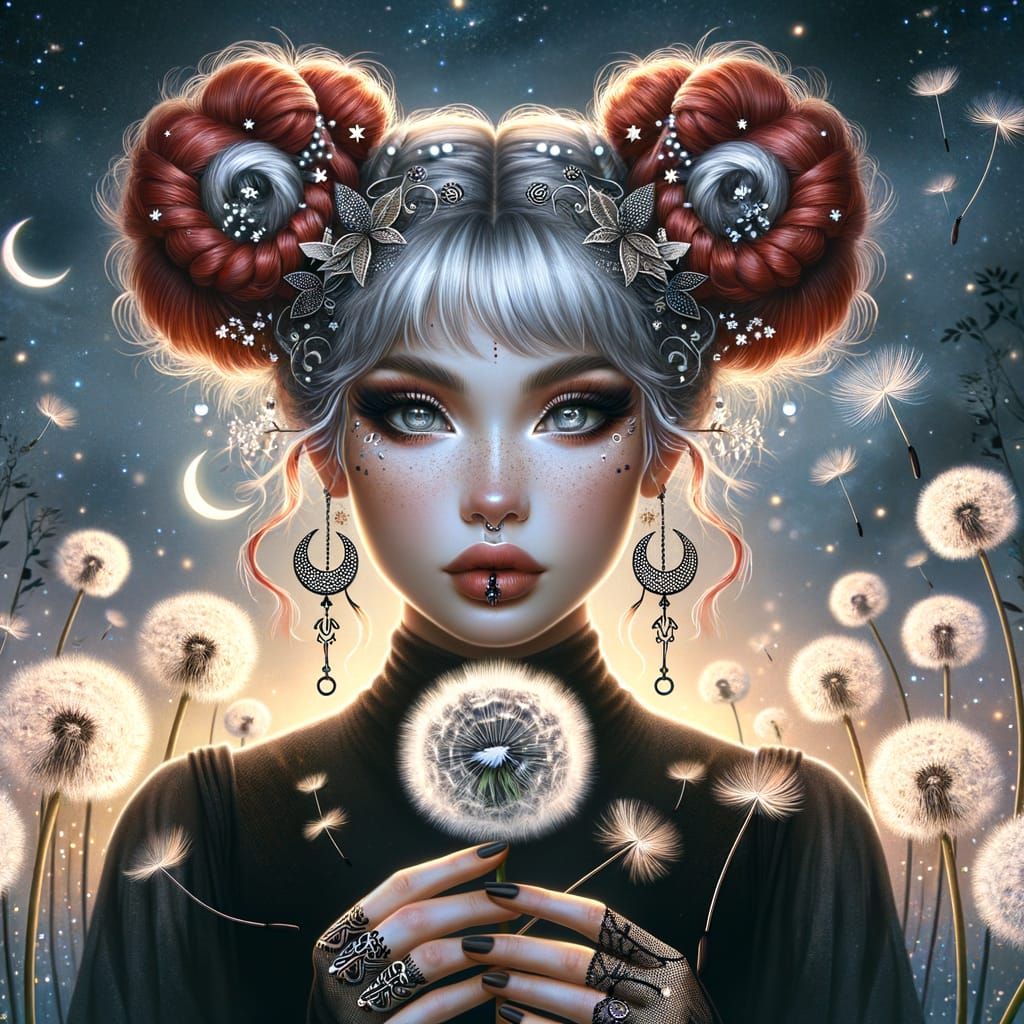 A stylized, digital painting of a woman with red hair, styled in intricate buns, accented with silver streaks and cresce...