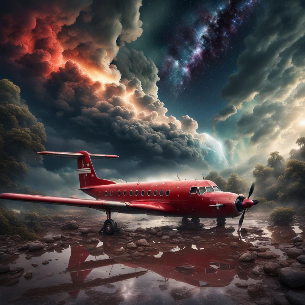 Dramatic Red Airplane in Washed Away Galaxy