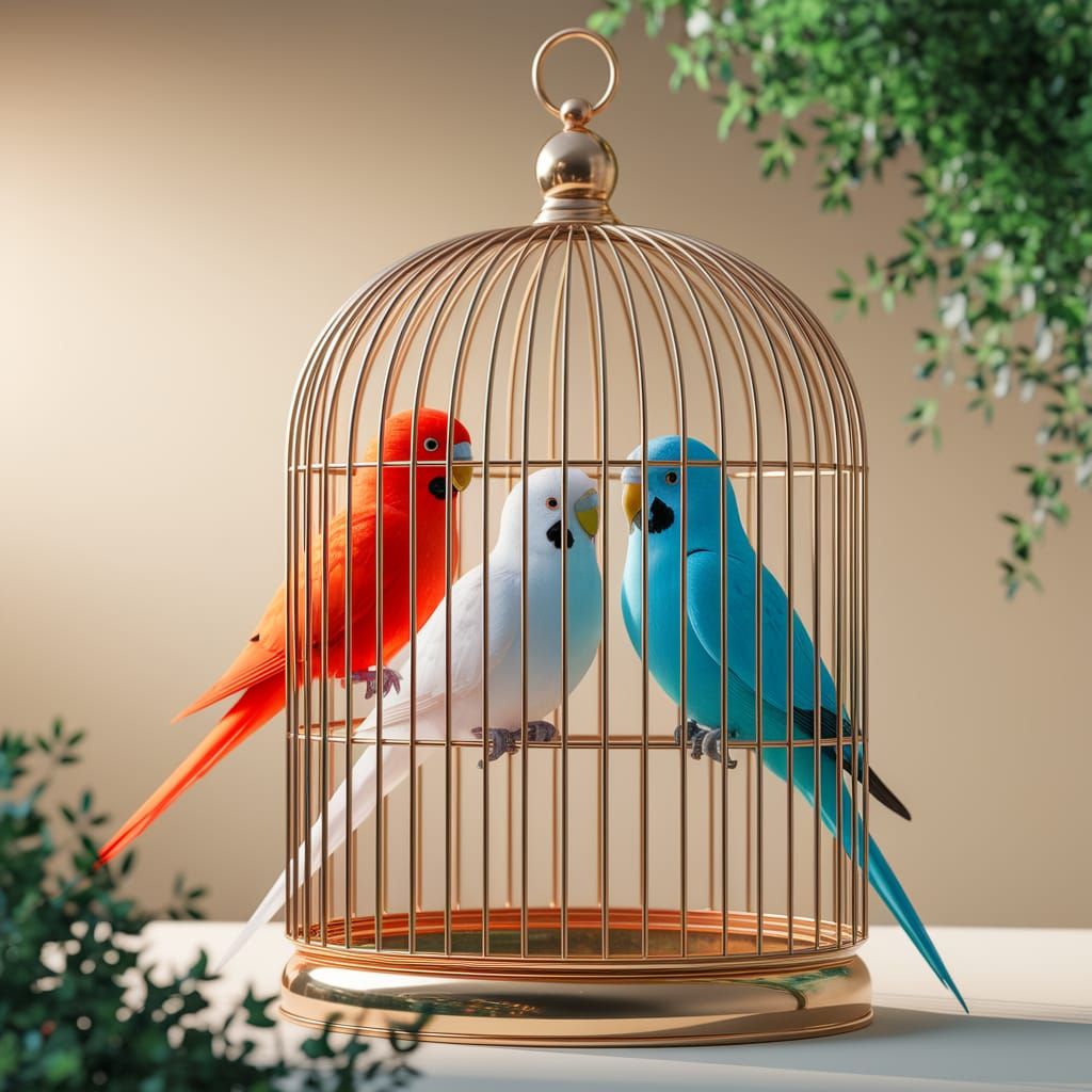 Golden Bird Cage with Colorful Parakeets in Serene Nature