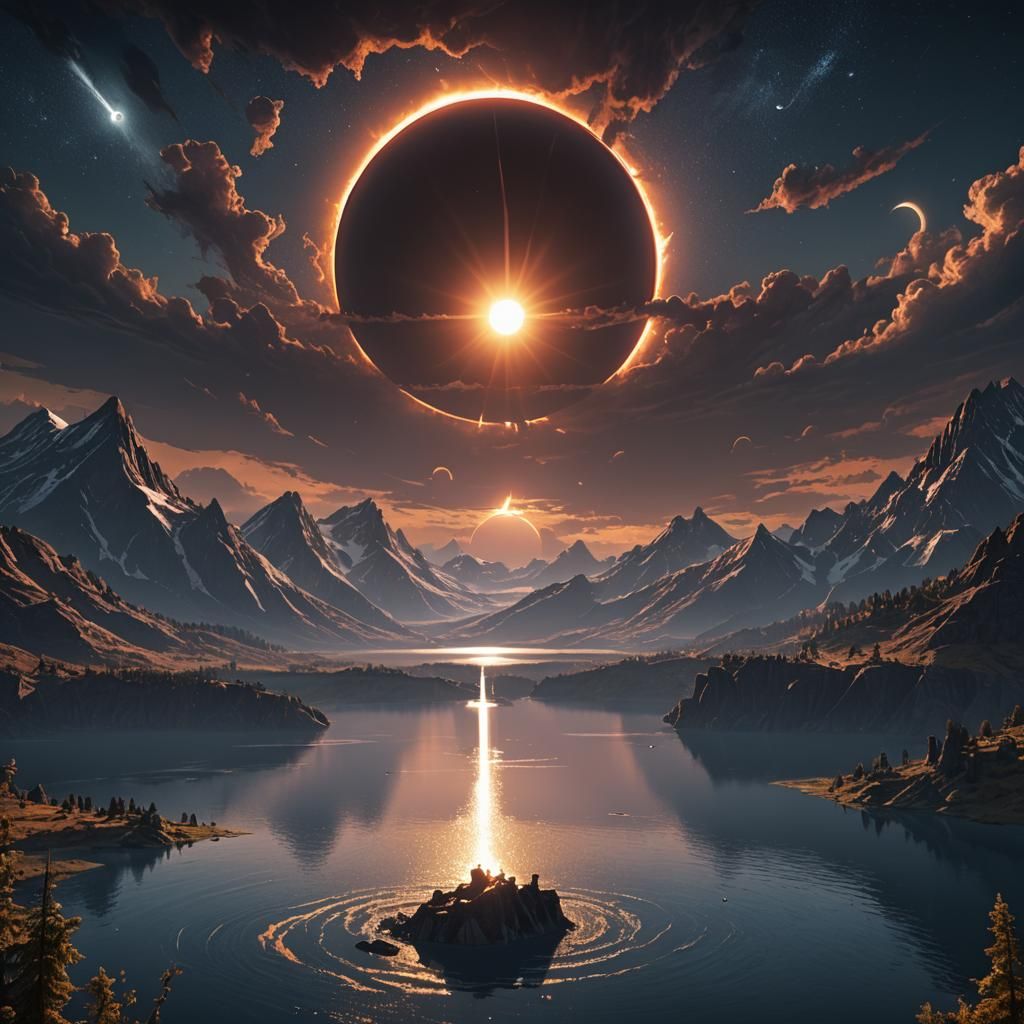 Vast Lake Solar Eclipse: Fantasy Concept Art