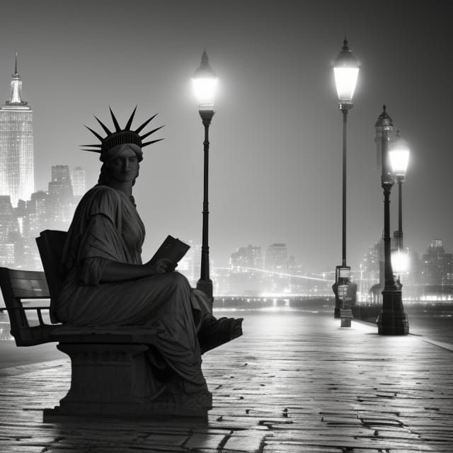 Statue of Liberty Relaxing on Park Bench
