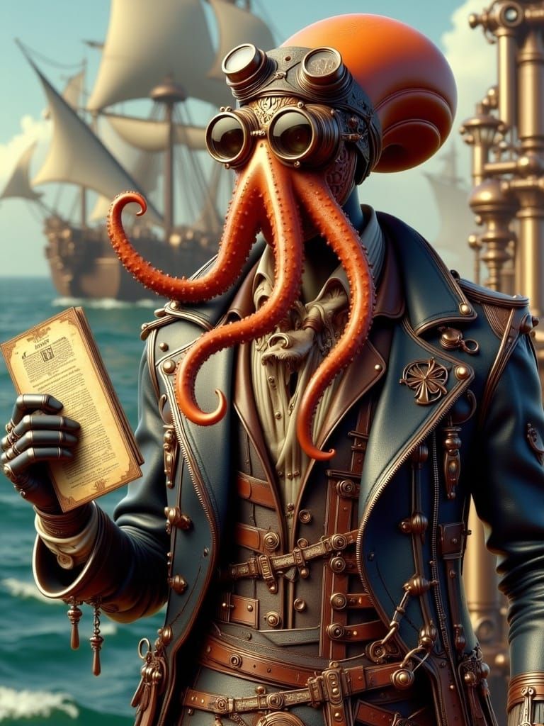 Steampunk Octopus Pirate on the Open Sea
