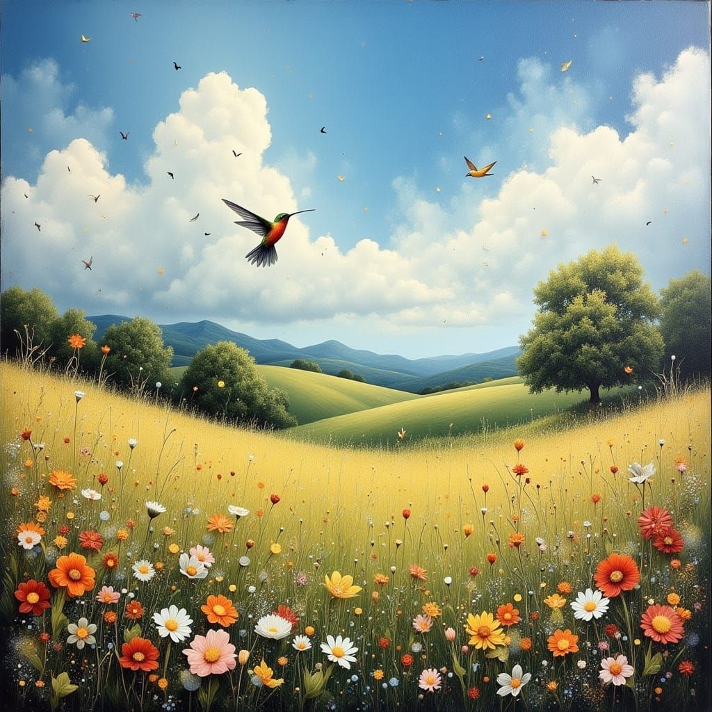 Vibrant Hummingbird and Wildflower Landscape Digital Paintin...