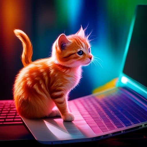Hyperrealistic Kitten at Laptop: Detailed Digital Art
