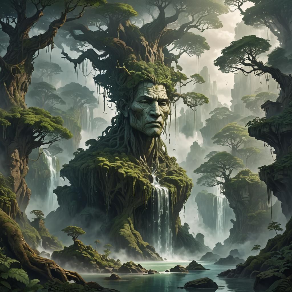 Colossal Figure Emerges from Floating Island