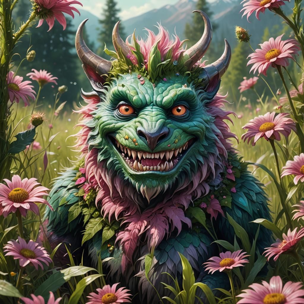 Playful Fantasy Creature Portrait in a Lush Meadow