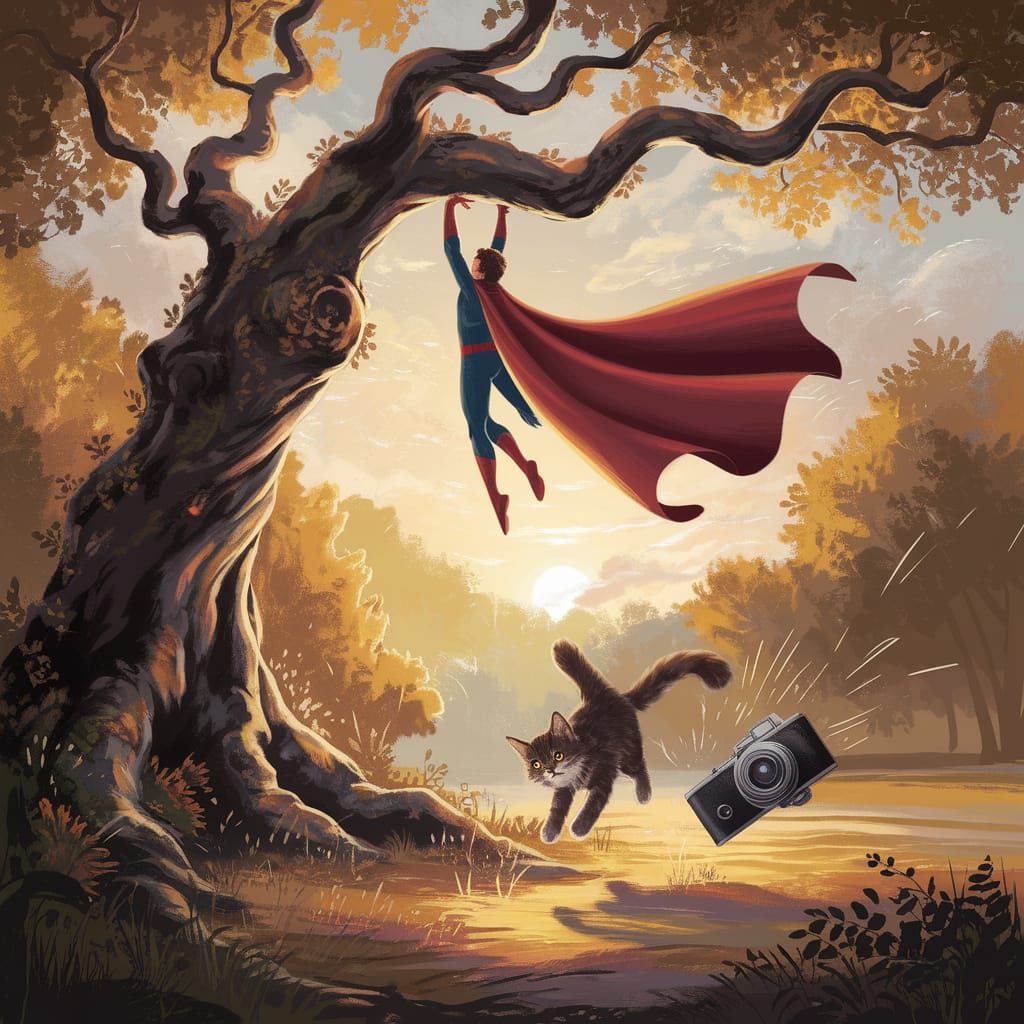 Superhero Caught in Tree, Cat Distracts with Camera