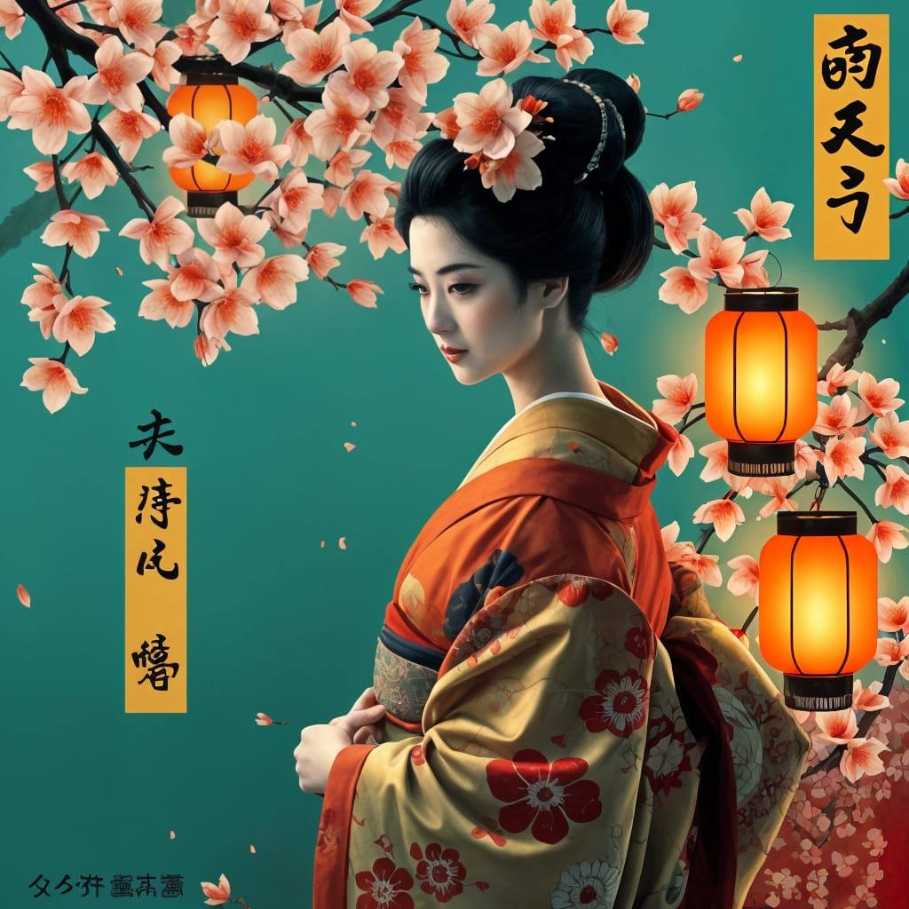 Japanese Geisha in Ukiyo-e Impasto Style