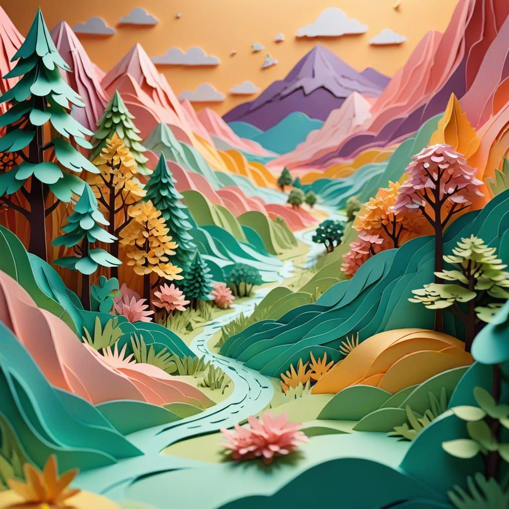 Vibrant Kirigami Landscape in Abstract Expressionism