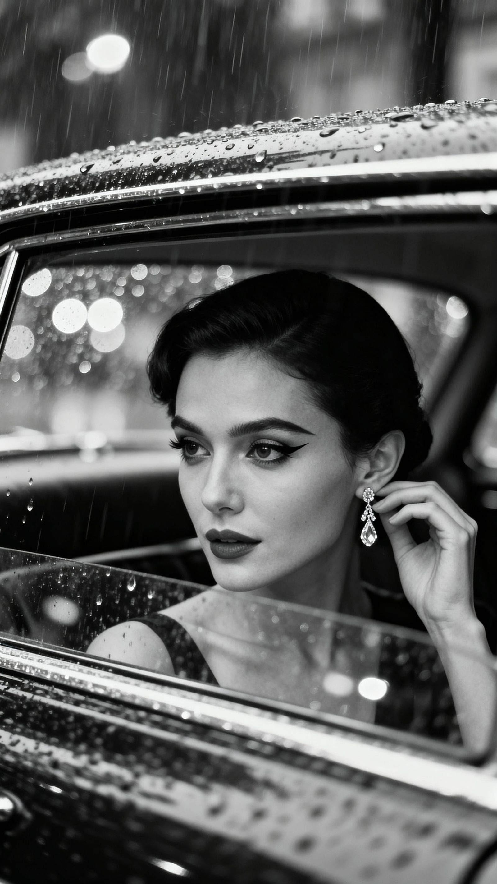Elegant Woman in Vintage Car During Rain
