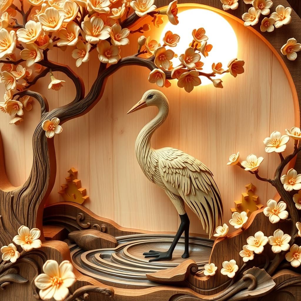 Crane Carving in Blossom Lake, Fantasy Wood Art