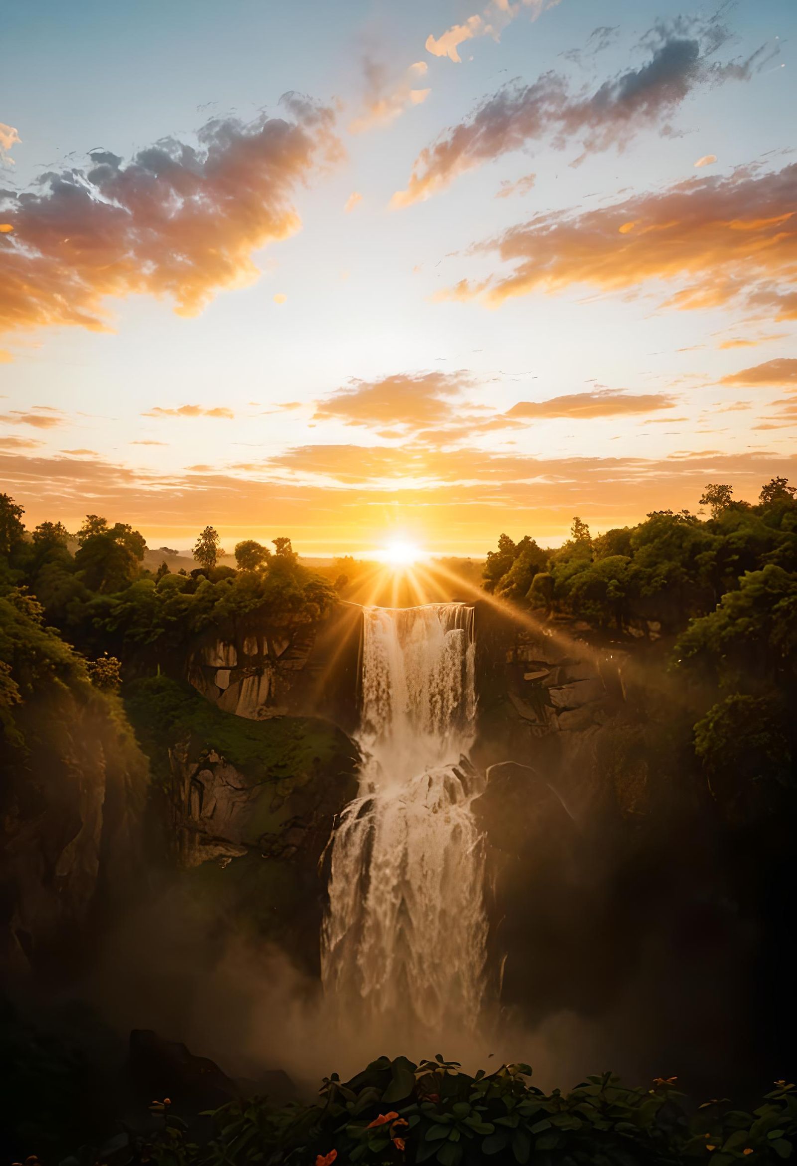 Spectacular Sunrise Over Enormous Waterfall