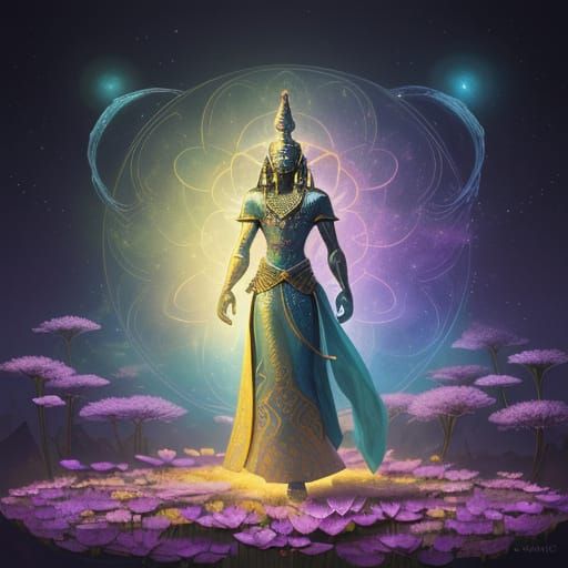 A holographic astral projection of a pharaoh, shimmering with cosmic energy, stands guard over a field of blooming lotus...