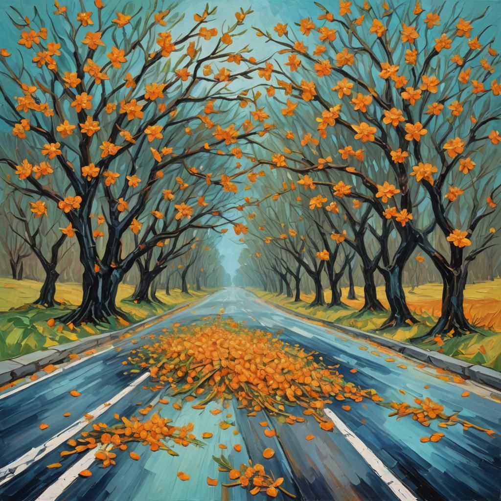 Death Crowned with Blossoms in Expressionist Oil Painting