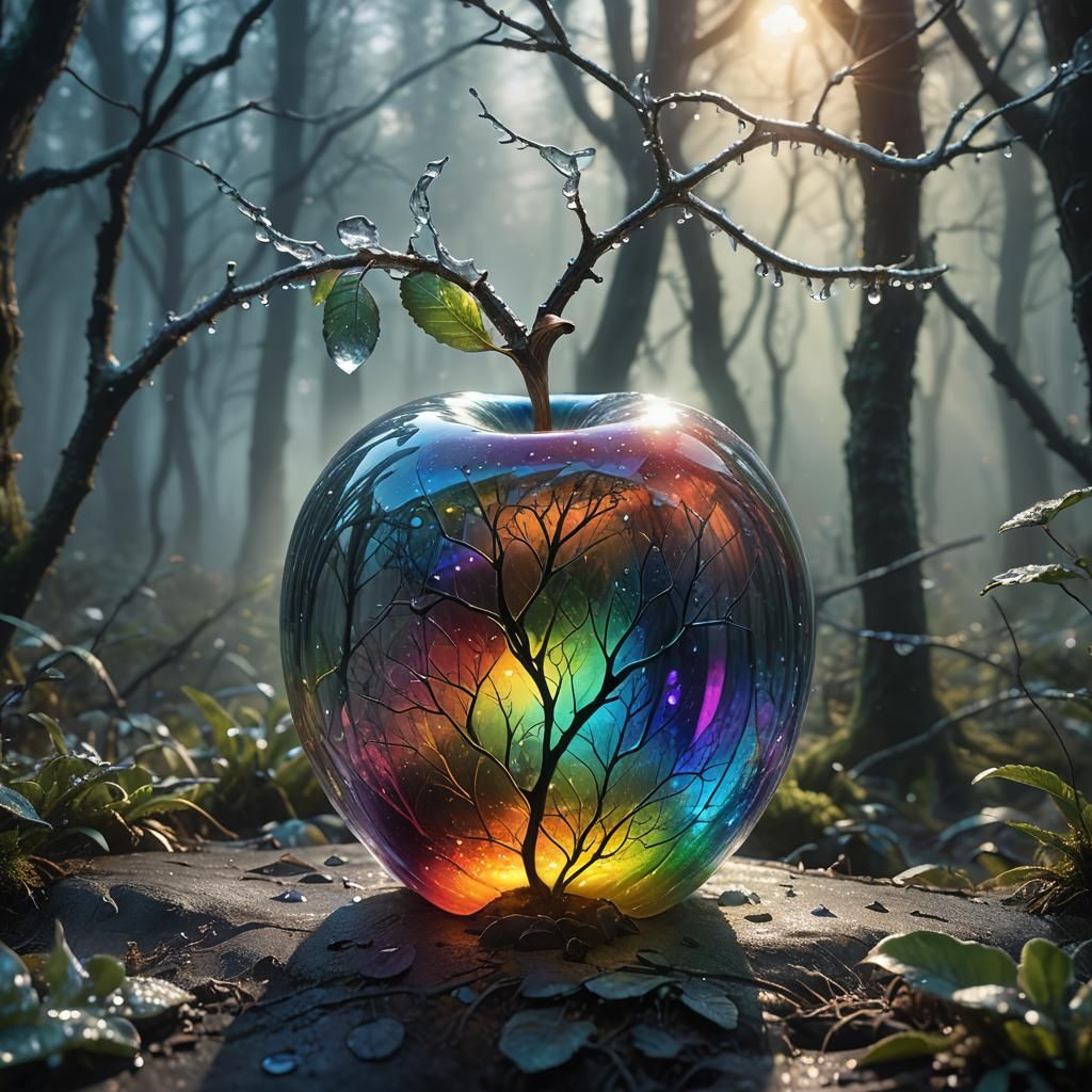 Rainbow Glass Apple in Mystical Forest, Matte Painting