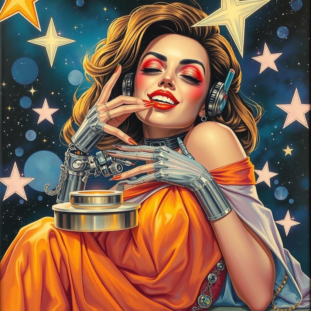 Retro-Futuristic Cyborg Woman in Vaporwave Style