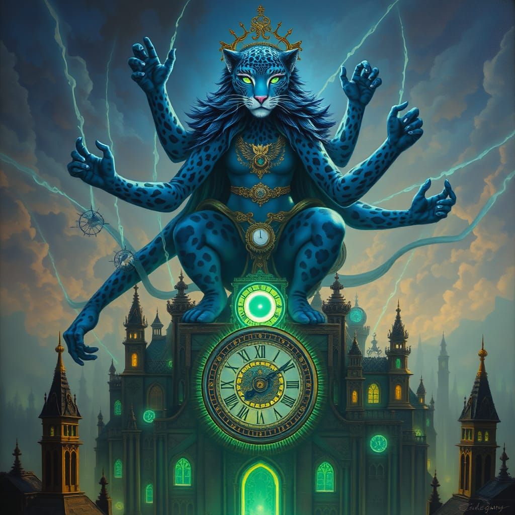 Blue Leopard Goddess of Time in Dream Cityscape